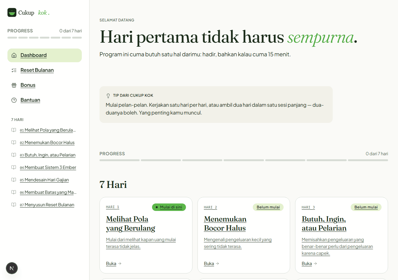 Dashboard program 7 Hari Finansial Reset — semua 7 hari tersedia dengan progress tracker