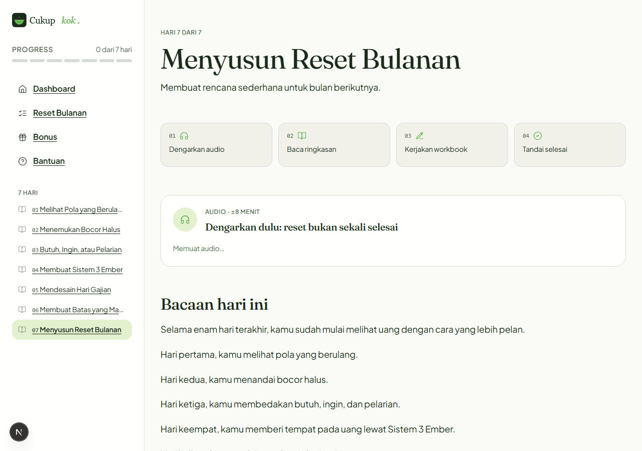 Hari 7 — Menyusun Reset Bulanan: tampilan program hari terakhir dengan rencana uang sederhana untuk bulan berikutnya
