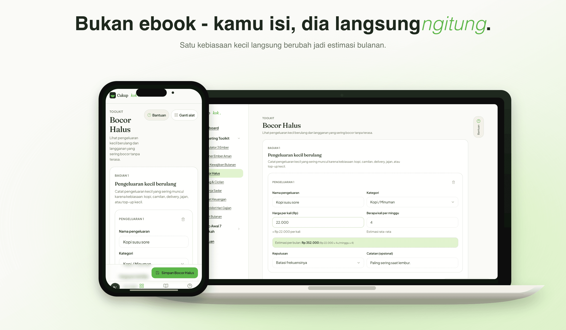 Mockup Bocor Halus Cukupkok di laptop dan handphone, menampilkan pengeluaran kopi susu sore dan estimasi per bulan.