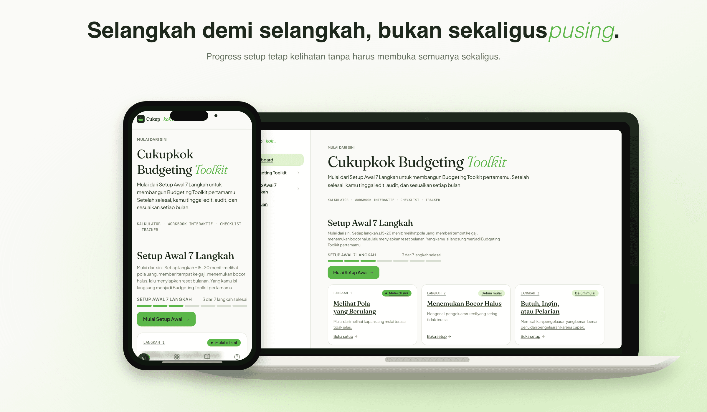 Mockup dashboard Cukupkok Budgeting Toolkit di laptop dan handphone, menampilkan progress Setup Awal 7 Langkah.
